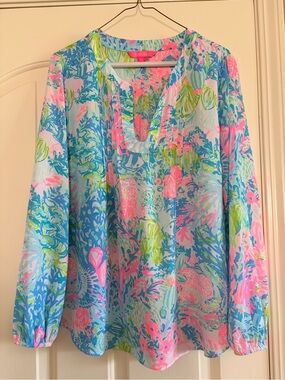 Lilly Pulitzer Blue Pink Green Printed Long-Sleeve Blouse